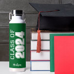 Green Class of 2024 Personalized Graduation Water Bottle<br><div class="desc">This classic green custom senior graduate water bottle features bold white typography reading class of 2024 in varsity letters for a high school or college graduation party keepsake gift. Customize with your name in elegant cursive script underneath for a great commemorative favour.</div>