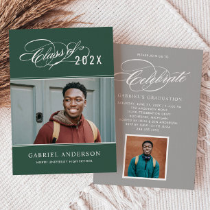 Green Class of 2026 Calligraphy Photo Graduation Invitation