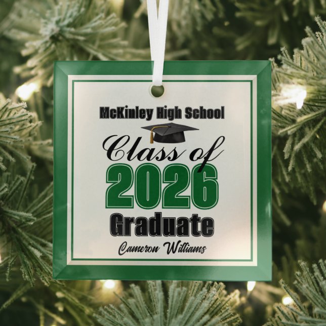 Green Class of 2026 Graduation Custom Christmas Glass Ornament (Insitu)