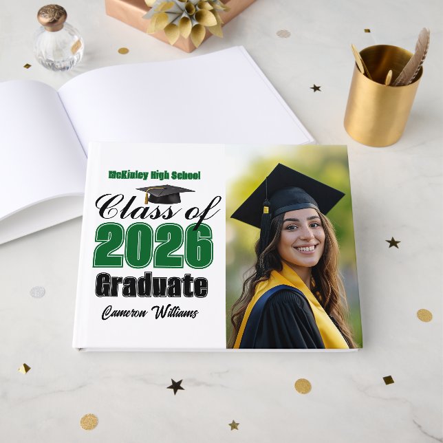 Green Class of 2026 Graduation Photo Guest Book (Front Open)