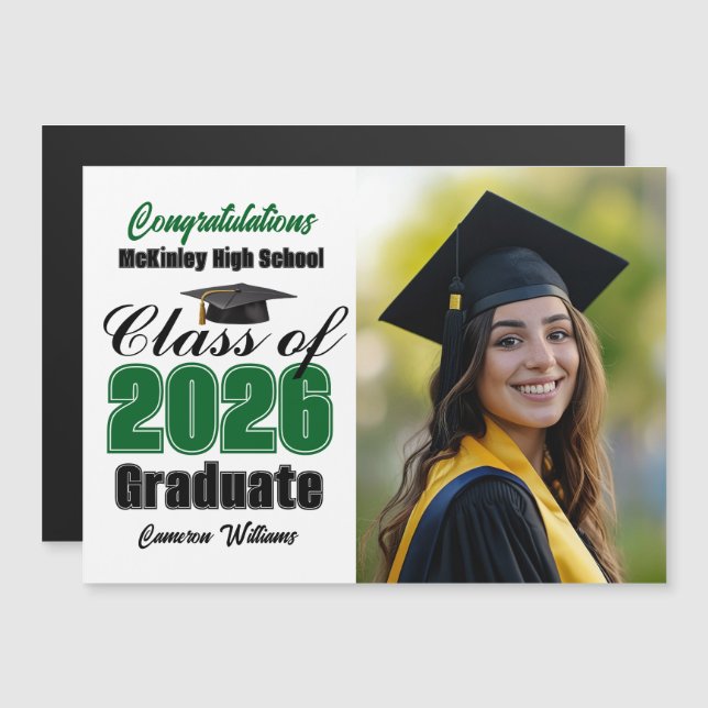 Green Class of 2026 Graduation Photo Magnet Card (Devant / Derrière)