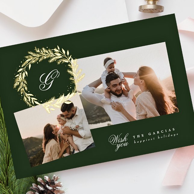 Green Classic Multi photo Gold Christmas wreath Foil Holiday Card (Creator Uploaded)