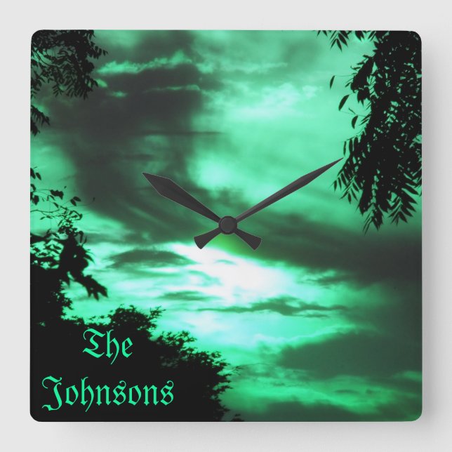 Green Clouded Sky Wall Clock *personalize* (Front)