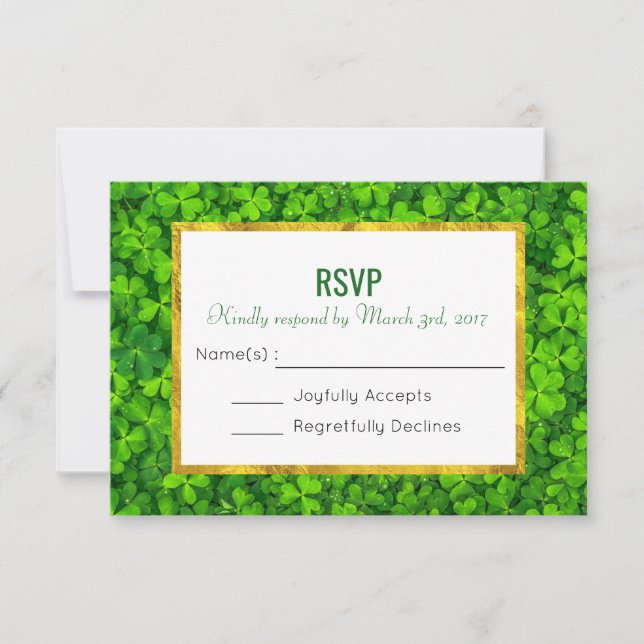 Green Clover Leaves with Faux Gold Foil RSVP (Front)