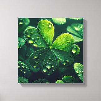 Green clover leaves with water droplets - canvas print