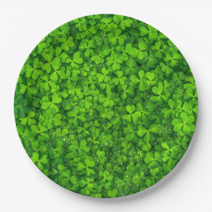 Green Clover Leaves with Water Drops Paper Plate