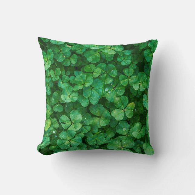Green Clover Leaves with Water Drops Throw Pillow (Front)