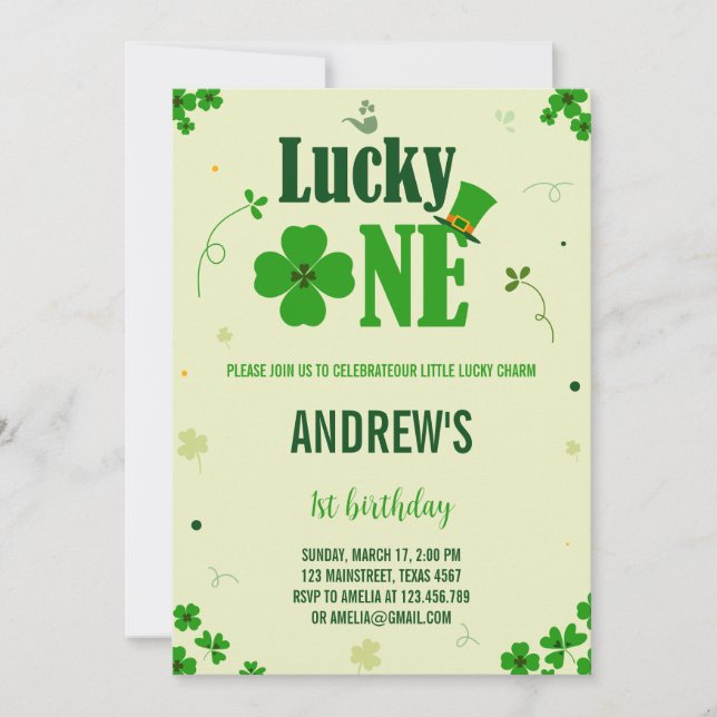 Green Clover Lucky One First Birthday Invitation (Front)