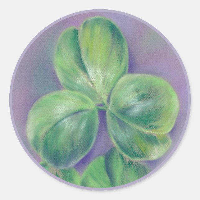 Green Clover Shamrocks on Purple Pastel Art Classic Round Sticker (Front)