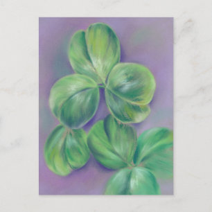 Green Clover Shamrocks on Purple Pastel Art Postcard