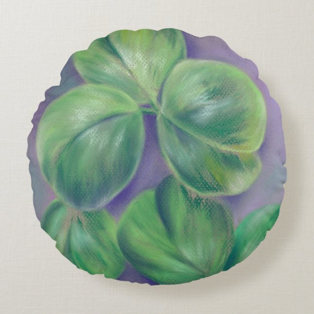 Green Clover Shamrocks on Purple Pastel Art Round Pillow (Front)