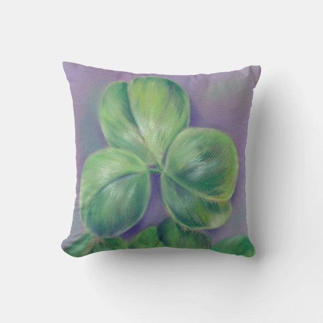 Green Clover Shamrocks on Purple Pastel Art Throw Pillow (Front)