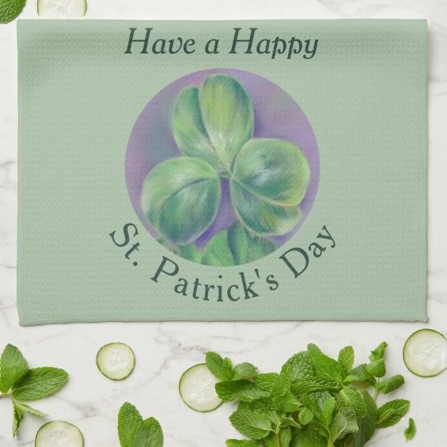 Green Clover Shamrocks on Purple St. Patrick's Day Kitchen Towel (Folded)