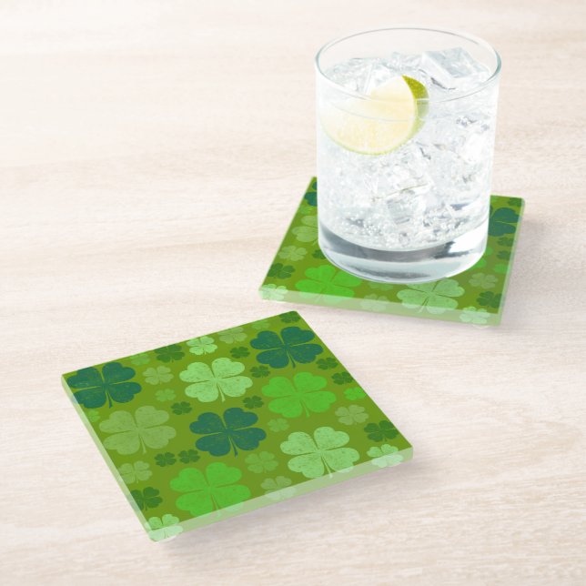 Green Clovers, Lucky Clovers, Saint Patrick's Day Glass Coaster (Angled)
