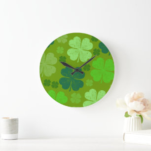 Green Clovers, Lucky Clovers, Saint Patrick's Day Large Clock