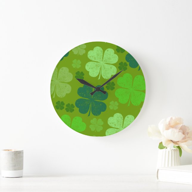 Green Clovers, Lucky Clovers, Saint Patrick's Day Large Clock (Home)