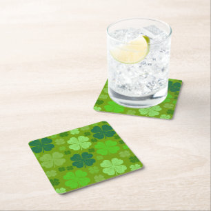 Green Clovers, Lucky Clovers, Saint Patrick's Day Square Paper Coaster