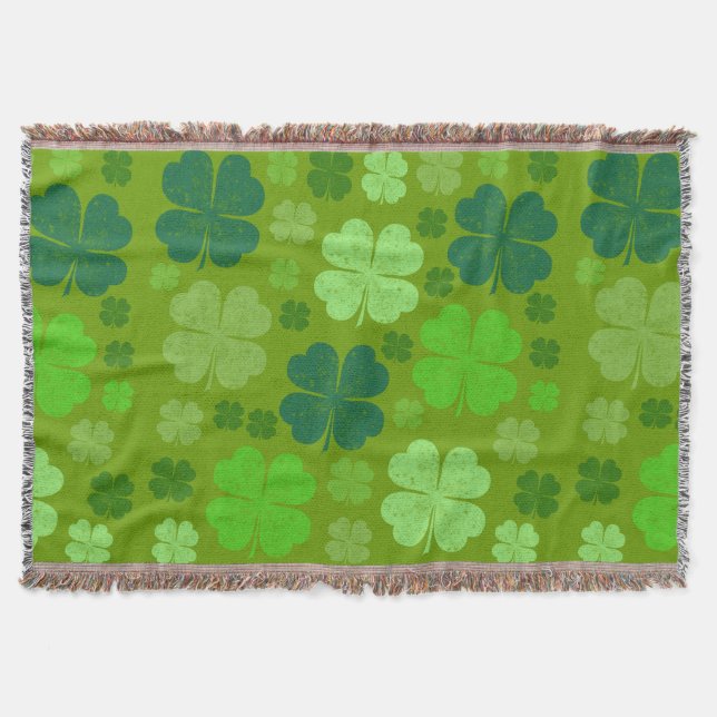 Green Clovers, Lucky Clovers, Saint Patrick's Day Throw Blanket (Front)