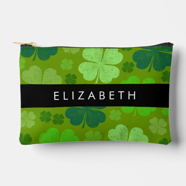 Green Clovers, Lucky Clovers, Your Name Accessory Pouch (Front)