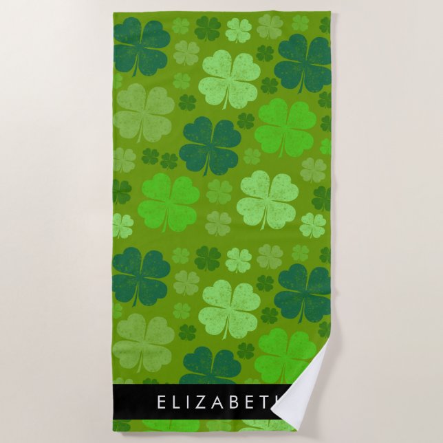 Green Clovers, Lucky Clovers, Your Name Beach Towel (Front)