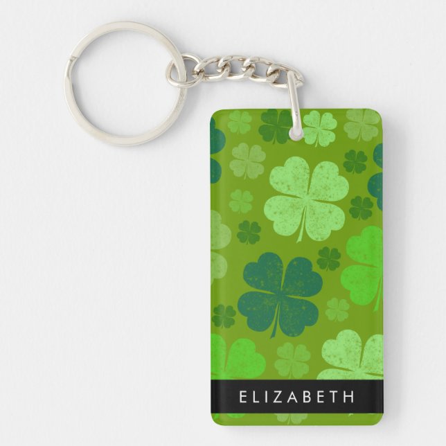 Green Clovers, Lucky Clovers, Your Name Keychain (Front)