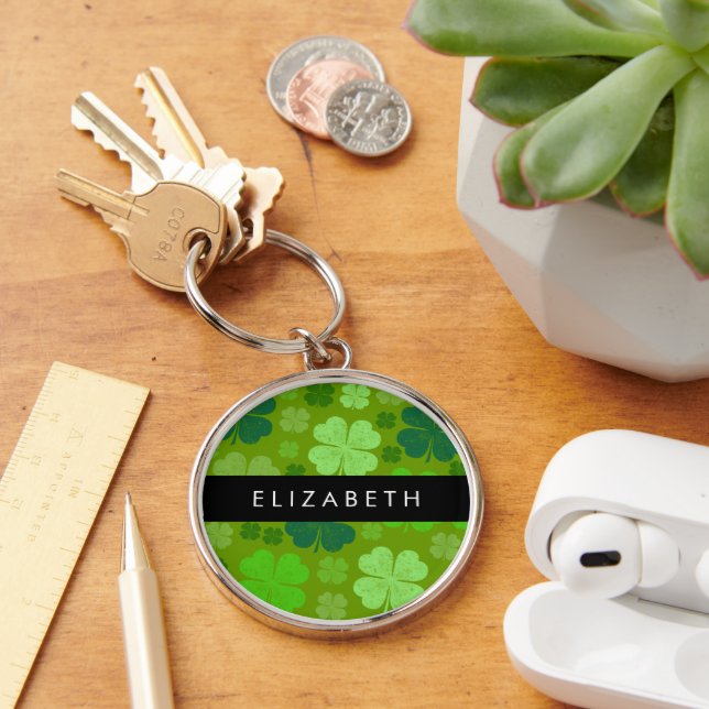 Green Clovers, Lucky Clovers, Your Name Keychain (Desk)