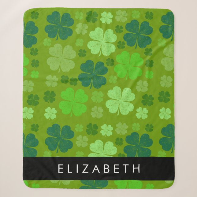 Green Clovers, Lucky Clovers, Your Name Sherpa Blanket (Front)