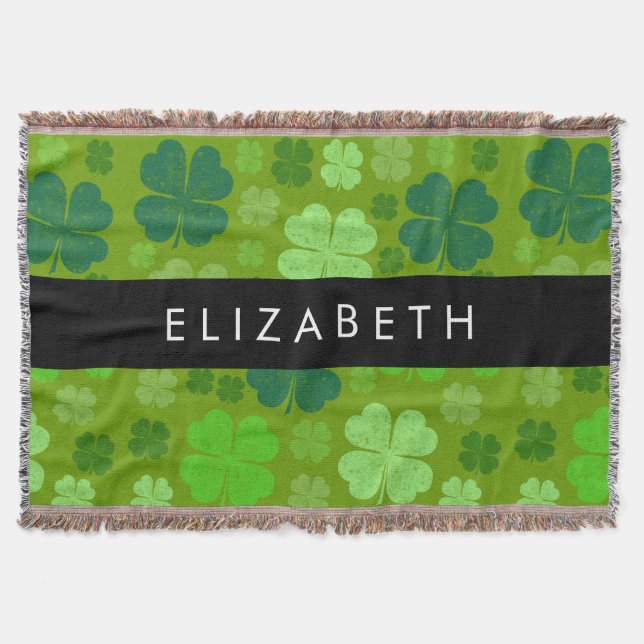 Green Clovers, Lucky Clovers, Your Name Throw Blanket (Front)