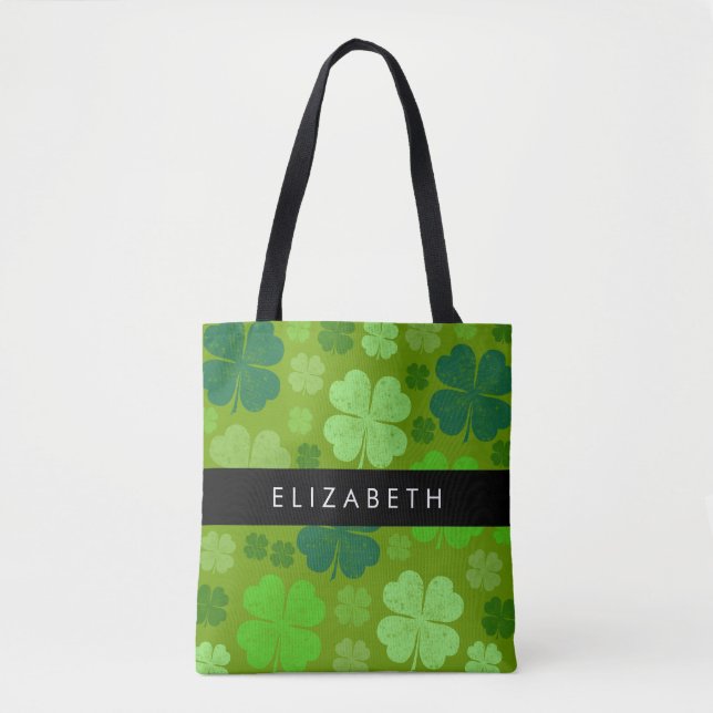 Green Clovers, Lucky Clovers, Your Name Tote Bag (Front)
