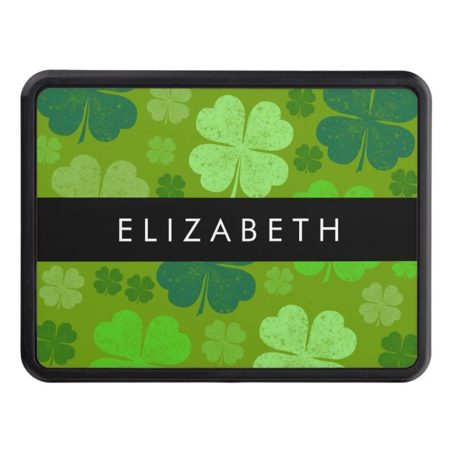 Green Clovers, Lucky Clovers, Your Name Trailer Hitch Cover (Front)
