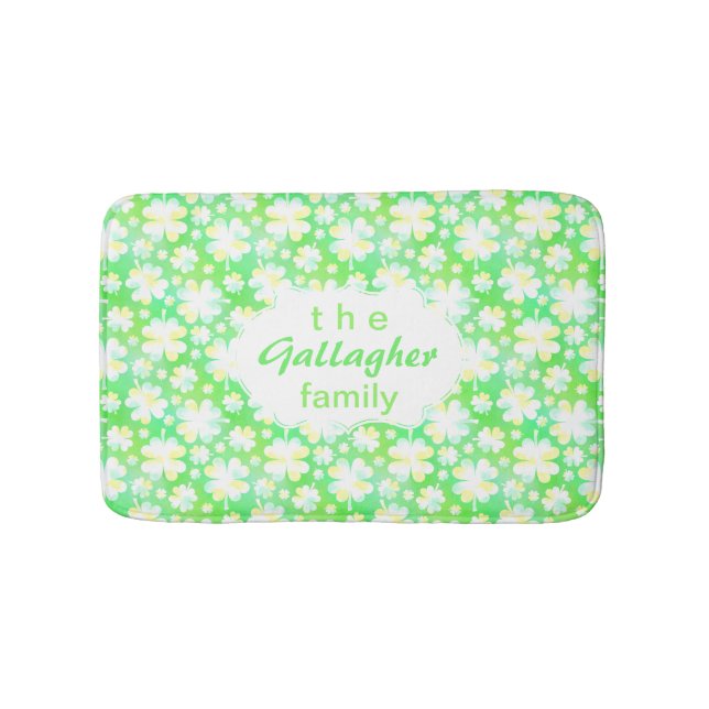 Green Clovers Shamrock Irish Personalized Family Bath Mat (Front)