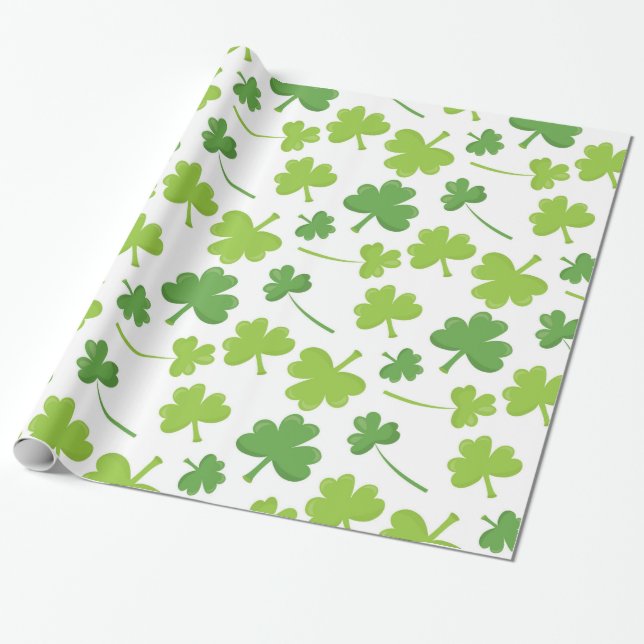 Green Clovers St. Patrick's Day Wrapping Paper (Unrolled)