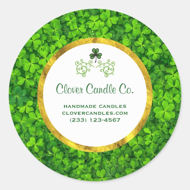 Green Clovers with FAUX Gold Foil Frame Business Classic Round Sticker (Front)