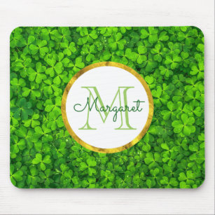 Green Clovers with FAUX Gold Foil Frame Monogram Mouse Pad