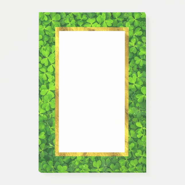 Green Clovers with FAUX Gold Foil Frame Post-it Notes (Front)