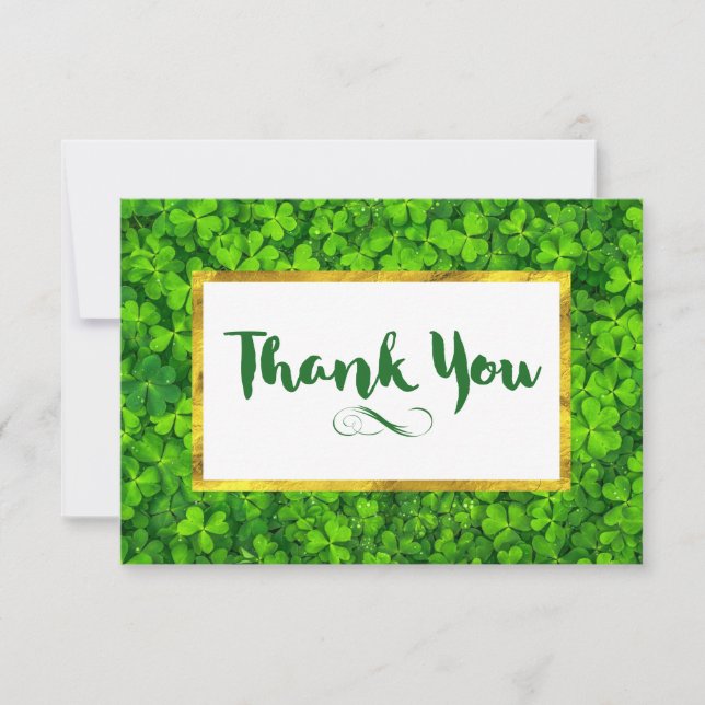 Green Clovers with FAUX Gold Foil Frame Thank You Card (Front)