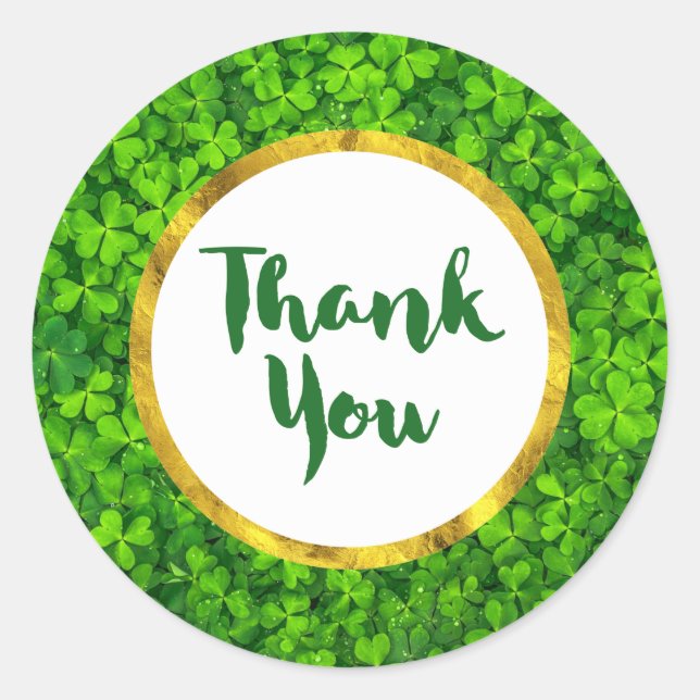 Green Clovers with FAUX Gold Foil Frame Thank You Classic Round Sticker (Front)