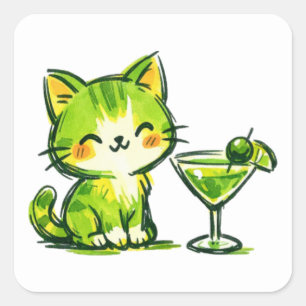 Green Cocktails and Cats Square Sticker