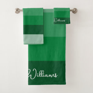 GREEN COLOR PALETTE STRIPE LINE PATTERN NAME BATH TOWEL SET