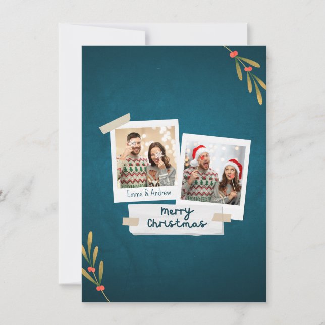 Green Colour Christmas Photo Card with Greetings (Front)