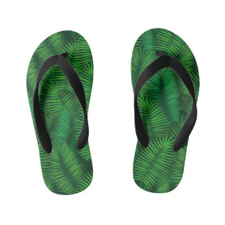 Green coloured palm tree leaf pattern. kid's flip flops