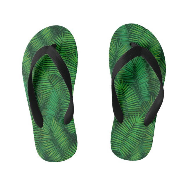 Green coloured palm tree leaf pattern. kid's flip flops (Footbed)