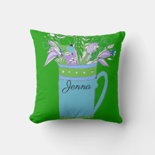 Green Colourful Flowers In A Mug Original Design Throw Pillow