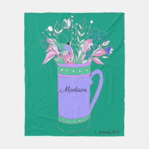 Green Colourful Flowers In Mug womens Fleece Blanket