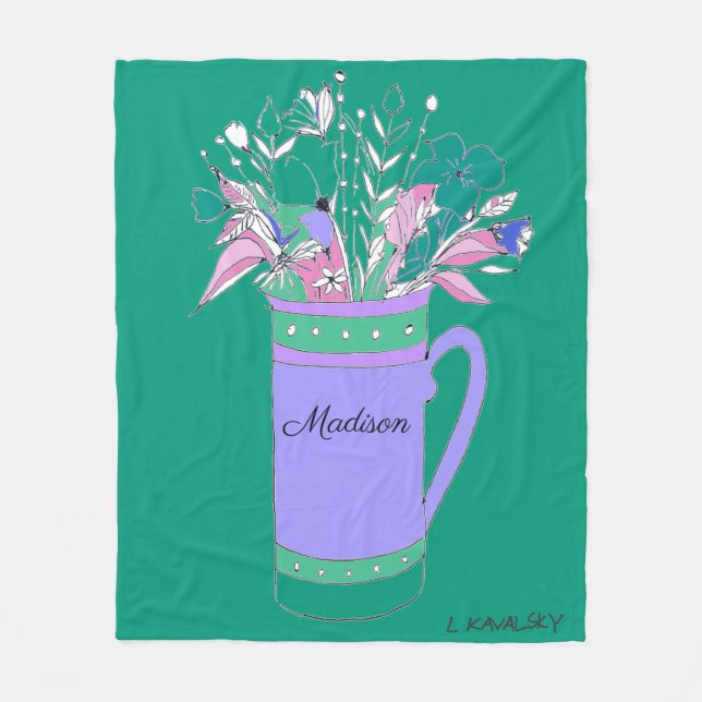 Green Colourful Flowers In Mug womens Fleece Blanket (Front)