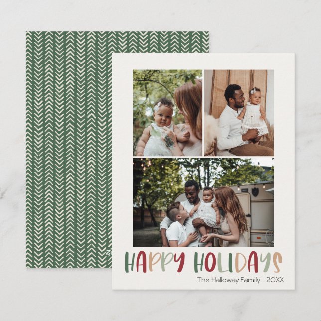 Green Colourful Happy Holidays Vertical 3 Photo Holiday Card (Front/Back)