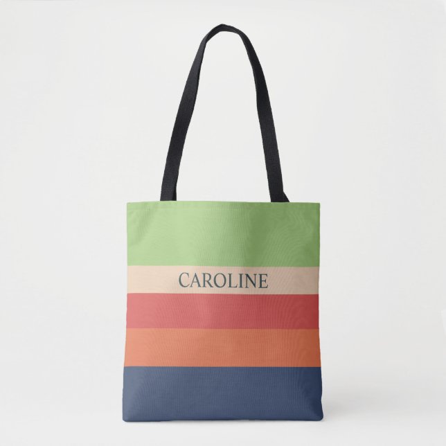 Green Colourful Stripes Customizable Name  Tote Bag (Front)