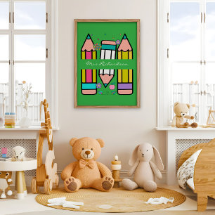 Green Colourful Teacher Cartoon Pencil Poster