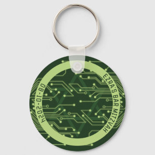 Green Computer Circuit Board Bar Mitzvah Keychain
