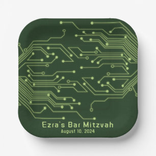 Green Computer Circuit Board Bar Mitzvah Paper Plate